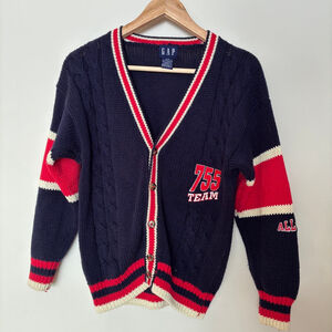 Vintage GAP Cable Knit Cardigan Sweater Navy Red White Varsity Women’s M Fits Sm